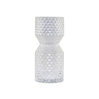 Diamond-cut clear glass vase by Chic Antique, showcasing intricate geometric pattern and elegant transparency.