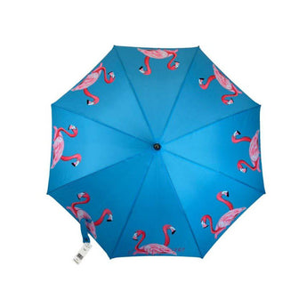 Emily Smith Flossy & Amber Flamingos umbrella with pink flamingo pattern and sturdy handle, open to showcase vibrant design.