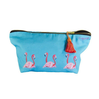 Flossy and Amber the Flamingos Emily Smith cosmetic bag featuring colorful flamingo design and zipper closure.