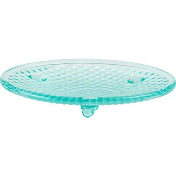 Teal glass soap dish by Grand Illusions with a sleek, rectangular design and transparent, glossy surface.