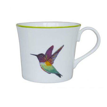 Hermione the Hummingbird bone china mug by Emily Smith featuring a detailed hummingbird design on a white mug.