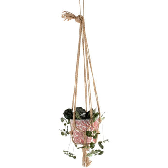 Decorative jute plant hanger for pots by Grand Illusions, showcasing a natural woven design ideal for indoor or outdoor plants.