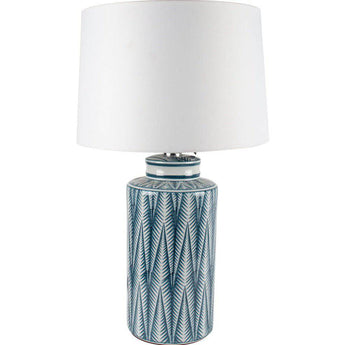 Grand Illusions Lamp Jammu with white fabric shade, modern table lamp featuring a sleek design and soft white lighting.