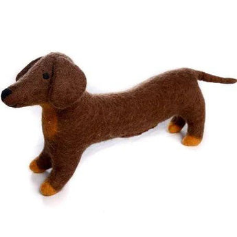Large Frankie the Long Sausage Dog felt decoration by Amica, showing a plush, elongated dog with floppy ears and a playful expression.