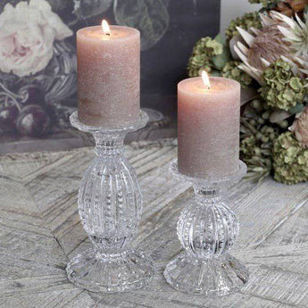 Large glass candlestick holder for pillar candles by Chic Antique, featuring a clear, elegant design for tabletop decor.