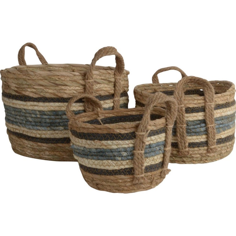Large Straw And Corn Basket Blue Stripe With Handles - Bumble Living