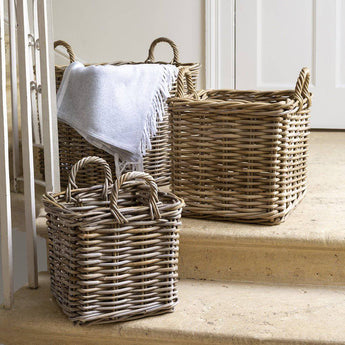 Medium Square Kubu Log Basket from Grand Illusions, woven wicker basket with sturdy handles, ideal for log storage or home organization.