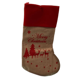 Red Merry Christmas jute stocking hanging with festive decorations, 45cm size, by Cut Price Wholesaler.