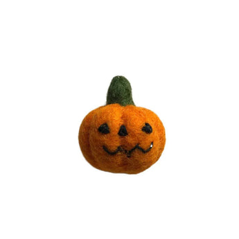 Amica felt Halloween pumpkin decoration with a carved face, small orange pumpkin with black facial features on a white background