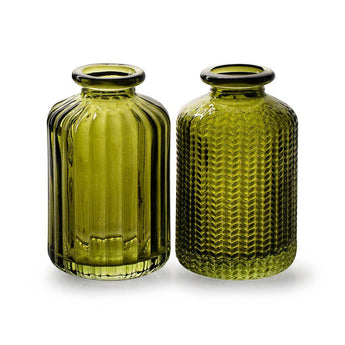 Moss green glass bottle vase with stem design, Casa Verde, elegant decorative container for flowers or display.