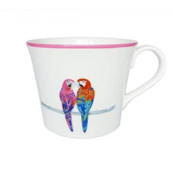 Emily Smith Percy and Penelope parrots Bone China mug featuring colorful parrot illustrations on a white background.