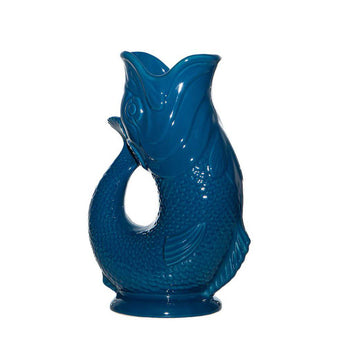 Mini petrol-colored Gluggle Jug by The Gluggle Jug Factory, featuring a classic ceramic design with a spout and decorative detailing.
