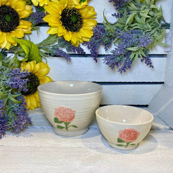 Pink Hydrangea Mini Pinch Ceramic Bowl by Gisela Graham featuring a delicate pink hydrangea floral design.