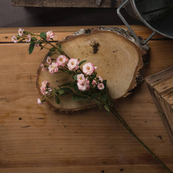 Single pink wild meadow rose artificial flower stem by Hills Interiors, with detailed pink petals and green foliage.
