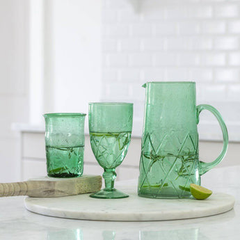 Sea green recycled bubble glass jug by Grand Illusions, showing a textured, eco-friendly glass jug with a rounded handle and sustainable design.