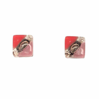 Red and pink square glass earrings with large, geometric design by Bumble Living, showcasing vibrant, colorful jewelry.