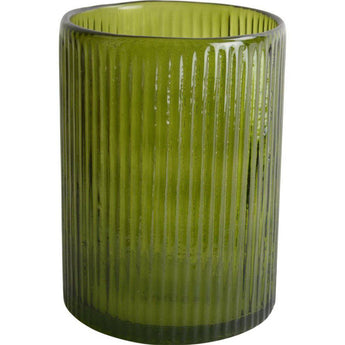 Large vintage green ribbed hurricane glass candle holder by Grand Illusions, featuring textured ribbed design and classic style.
