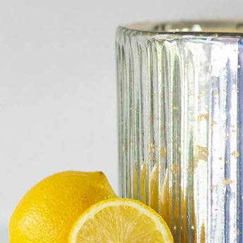 Small vintage silver ribbed hurricane glass candle holder by Grand Illusions, designed for decorative candles.