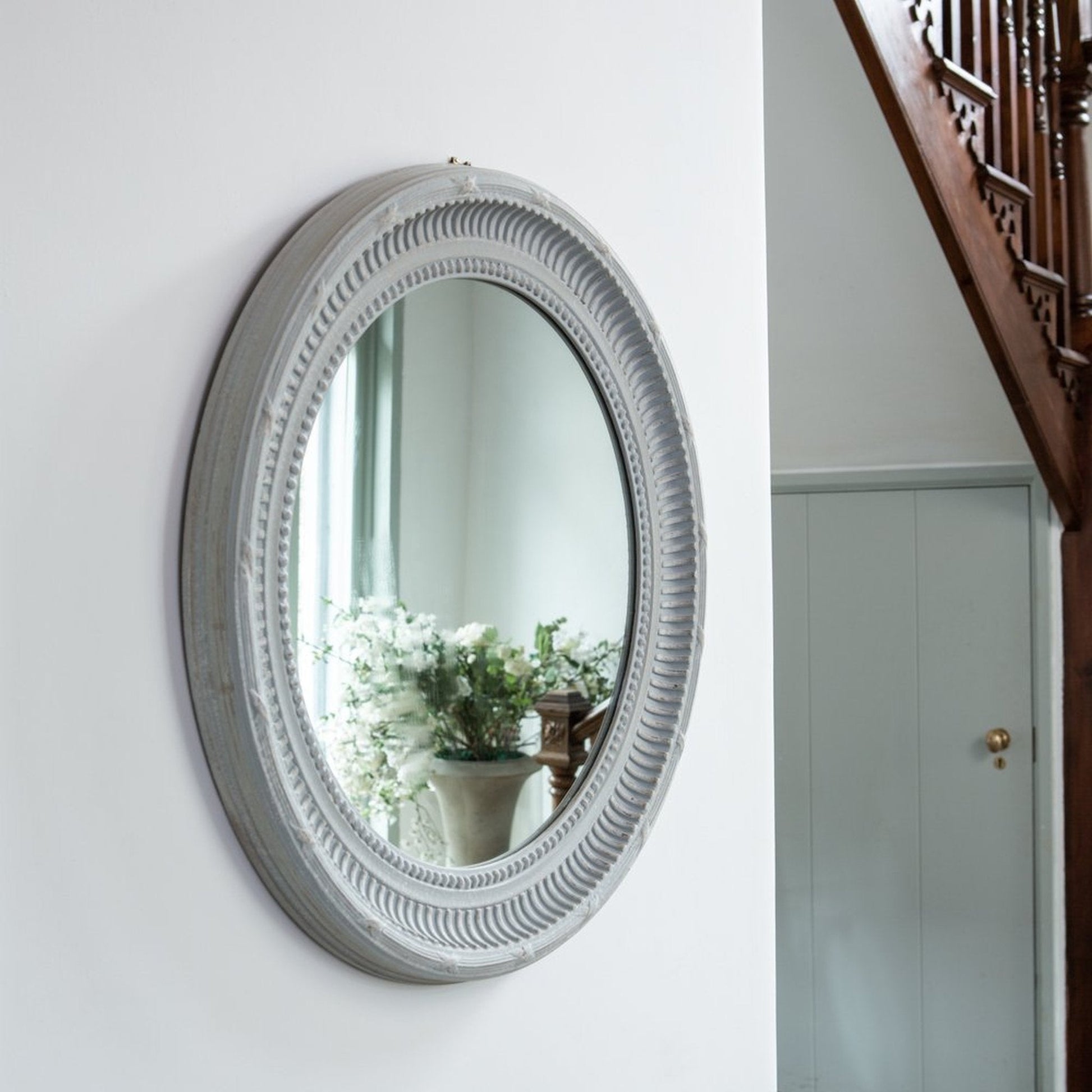 Round Carved Mirror Soft Grey - Bumble Living
