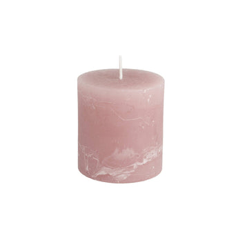 Rustic dusky pink pillar candle by Grand Illusions, 70x75mm, showing textured wax finish and natural candle shape.