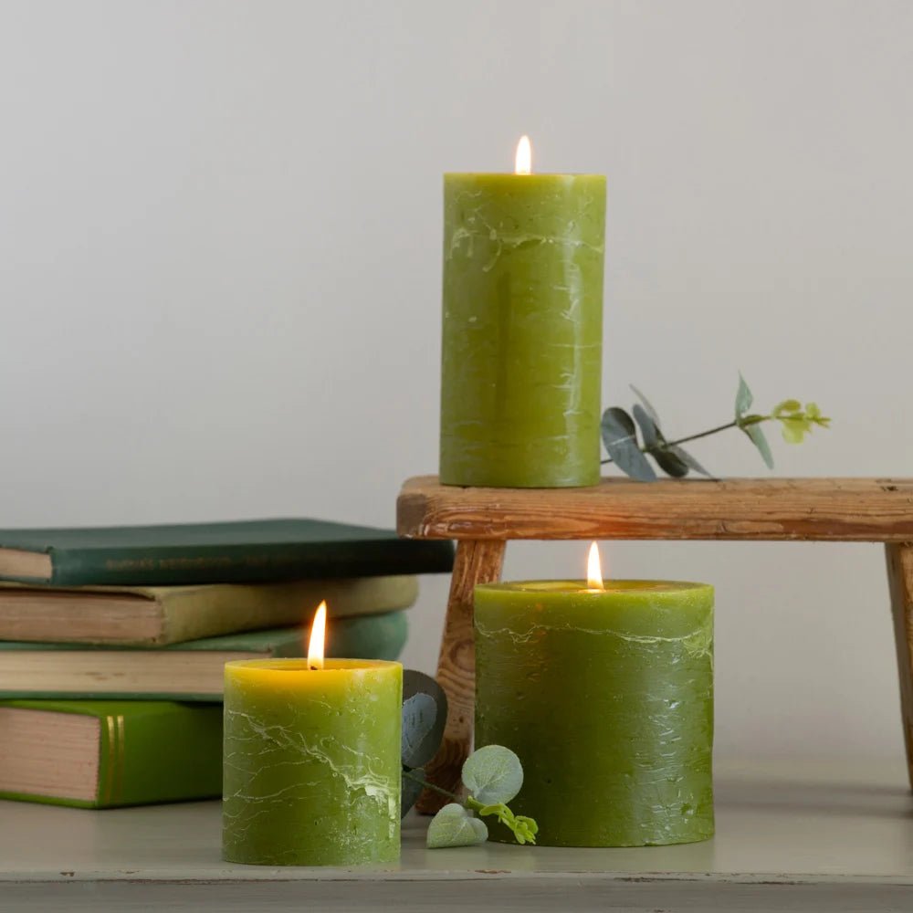 Rustic Pillar Candle Fern Green 100x100mm - Bumble Living