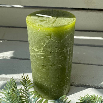 Rustic Fern Green Pillar Candle by Grand Illusions, 70x130mm, showing textured wax surface and natural pillar shape.