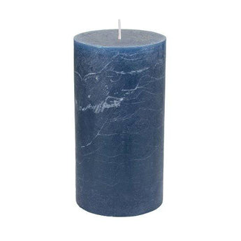 Rustic Inky Blue Pillar Candle by Grand Illusions, 70x130mm, showing textured surface and warm candle glow.