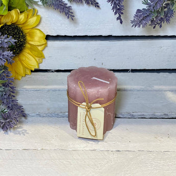 Rustic scalloped dusky pink pillar candle by Grand Illusions, 70x75mm size, featuring textured, handcrafted design.