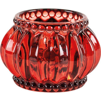 Red scalloped glass votive candle holder by Grand Illusions, designed for decorative candle displays.