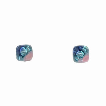 Sea blue and pink bubble glass earrings by Bumble Living, medium-sized earrings with colorful, swirling glass design.