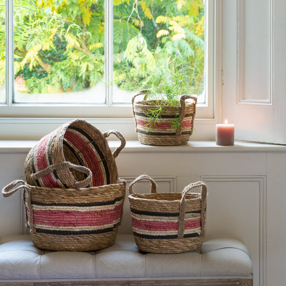 Small Natural/Rose Corn and Straw Basket - Bumble Living