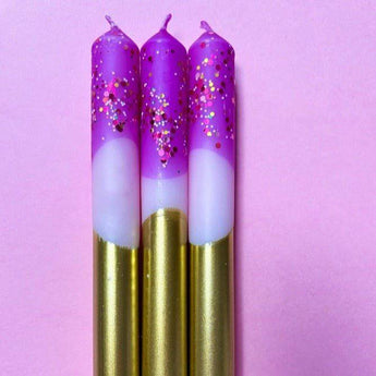 Set of three dip dye dinner candles in sugar plum fairies colors by Colour Emporium, featuring elegant, colorful design for dining decor.