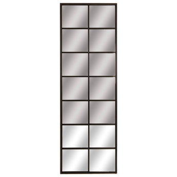 Tall black metal window mirror with a sleek frame, designed for modern home decor by Hills Interiors.
