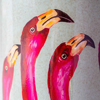 Tall Flamingo Head Lamp with white shade by Grand Illusions, featuring a whimsical design and elegant lighting.
