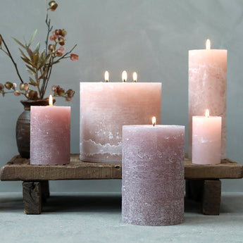 Taupe rustic pillar candle from Chic Antique, 40-hour burn time, with textured wax and simple design for cozy decor.