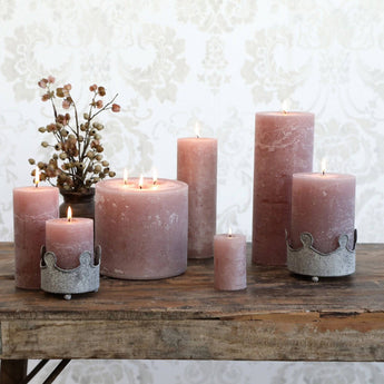 Taupe rustic pillar candle from Chic Antique, 60-hour burn time, with textured surface and warm, cozy appearance.