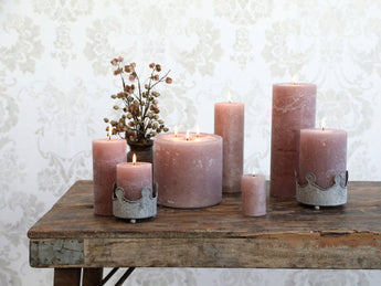 Taupe rustic pillar candle from Chic Antique with 80-hour burn time, shown in a cozy, textured design.