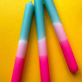 Set of three turquoise dip dye flamingo dinner candles by Colour Emporium, featuring vibrant flamingo designs and elegant styling.