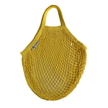 Turtle Bags organic short-handled sunflower string tote bag with natural cotton handles and sunflower print design.