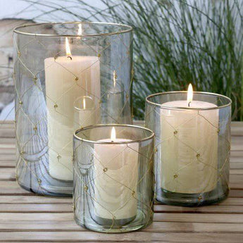 Chic Antique Verte patterned hurricane candle holder with intricate glass design, ideal for decorative candle display