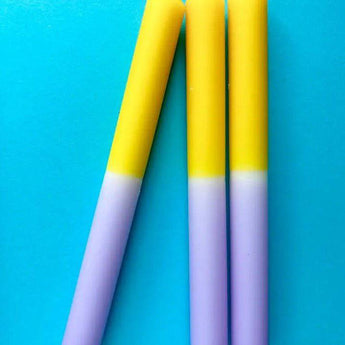 Violet Delight Dip Dye Dinner Candles Trio by Colour Emporium showing three tall, violet and blue dip dye candles for dining decor.