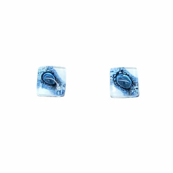 White and blue bubble large stud earrings by Bumble Living, featuring a glossy, rounded design on a clean white background.