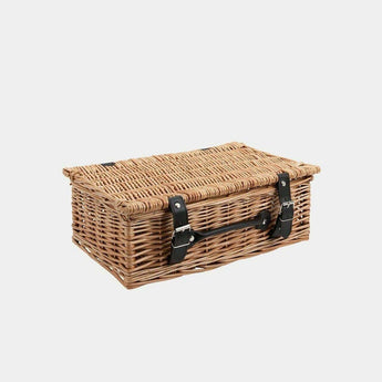 Wicker hamper with faux leather handles, 14-inch WBC wicker basket for laundry or storage, natural woven design with sturdy handles.