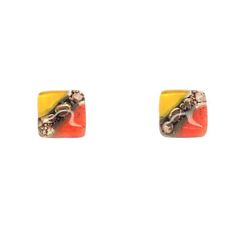 Yellow and orange square glass earrings by Bumble Living, large statement earrings with vibrant geometric design.