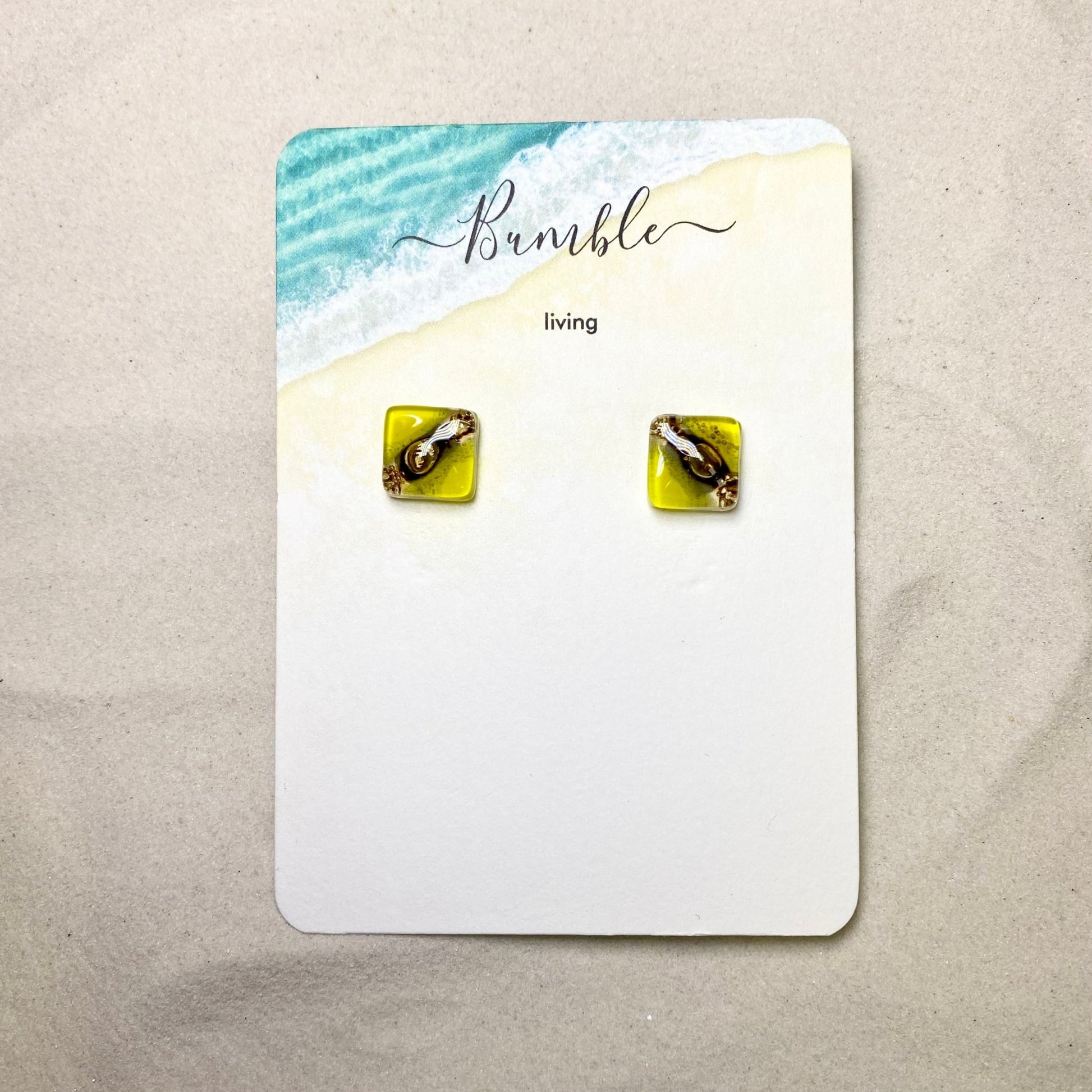 Yellow and Sand Square Glass Large Stud Earrings - Bumble Living
